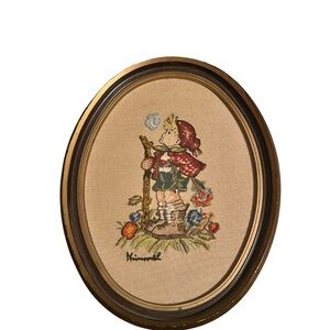 Vintage Framed Hand-Embroidered Hummel Style Needlepoint Wall Art Oval Frame